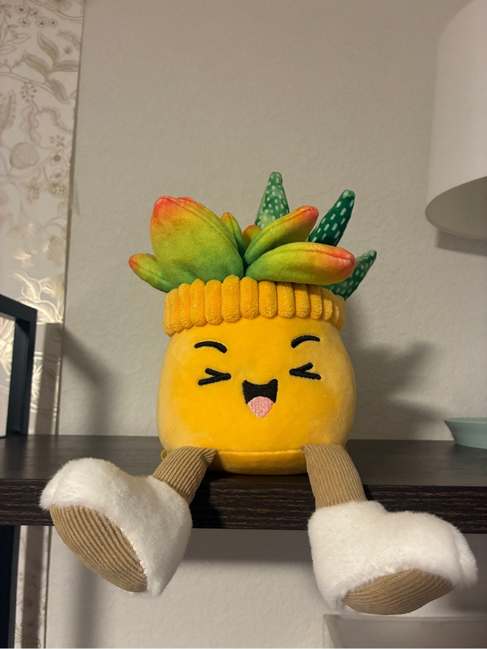 Cute Plush Succulent Plant Shelf Sitter Yellow Pot Dangling Legs Like New
